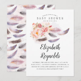 Boho Bloemen Waterverf veren Baby shower Kaart