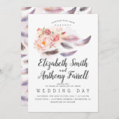 Boho Bloemen Waterverf Veren Bruiloft Kaart (Voorkant / Achterkant)