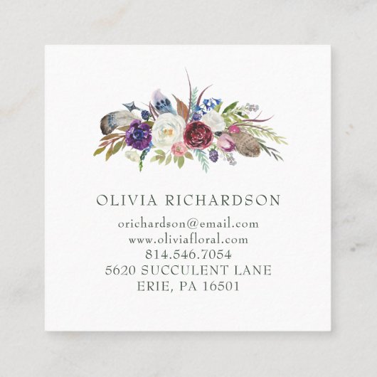  Boho Bloemen | Waterverf Vierkante Visitekaartje (Achterkant)