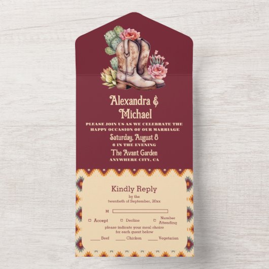 Boho Bloemen Westerne bruiloft All In One Uitnodiging (Binnen)