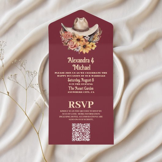 Boho Bloemen Westerse Trouw QR Code All In One Uitnodiging