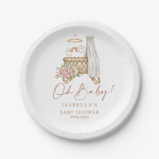 Boho Bloemen Wieg Bassinet Meisje Baby shower Papieren Bordje (Voorkant)