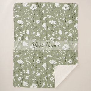 Boho bloemen wilde bloemen salie groen gepersonali sherpa deken