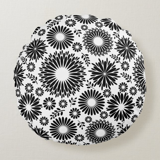 Boho bloemen Zwart en wit vector bloempatroon Rond Kussen (Voorkant)