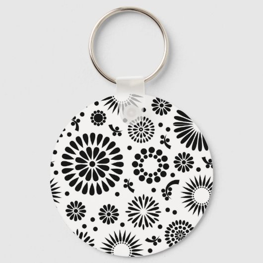 Boho bloemen Zwart en wit vector bloempatroon Sleutelhanger (Voorkant)