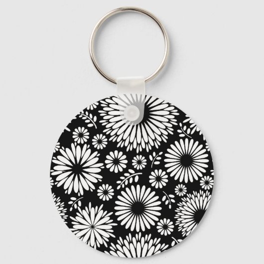 Boho bloemen Zwart en wit vector bloempatroon Sleutelhanger (Voorkant)