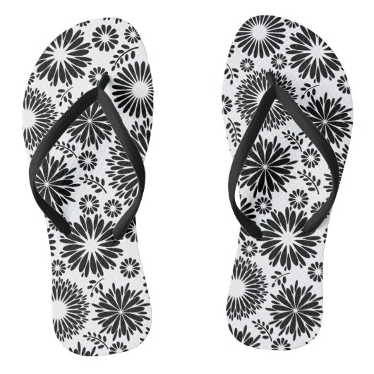 Boho bloemen Zwart en wit vector bloempatroon Teenslippers (Voetbed)