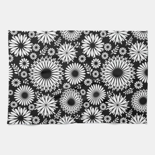 Boho bloemen Zwart en wit vector bloempatroon Theedoek (Horizontaal)