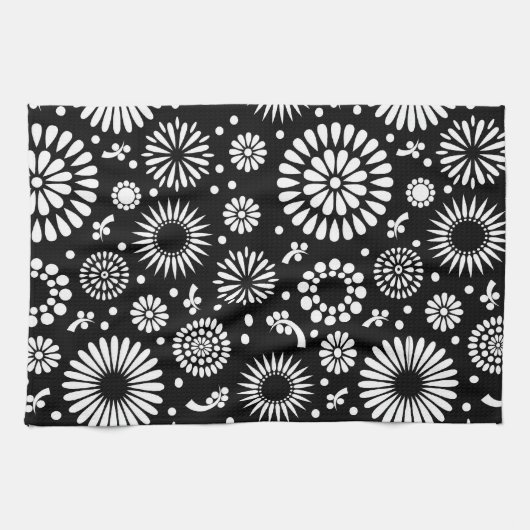 Boho bloemen Zwart en wit vector bloempatroon Theedoek (Horizontaal)
