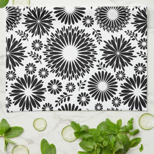 Boho bloemen Zwart en wit vector bloempatroon Theedoek (Gevouwen)