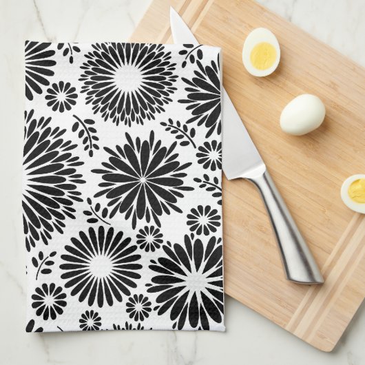 Boho bloemen Zwart en wit vector bloempatroon Theedoek (Quarter Fold)