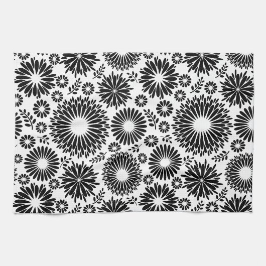 Boho bloemen Zwart en wit vector bloempatroon Theedoek (Horizontaal)