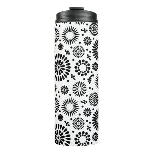 Boho bloemen Zwart en wit vector bloempatroon Thermosbeker (Voorkant)