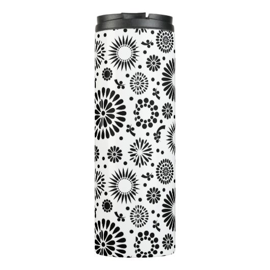 Boho bloemen Zwart en wit vector bloempatroon Thermosbeker (Achterkant)