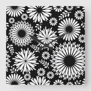 Boho bloemen Zwart en wit vector bloempatroon Vierkante Klok