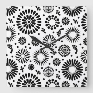 Boho bloemen Zwart en wit vector bloempatroon Vierkante Klok