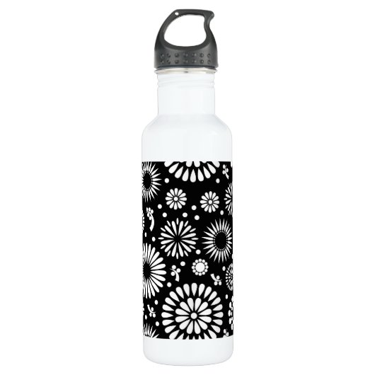 Boho bloemen Zwart en wit vector bloempatroon Waterfles (Voorkant)