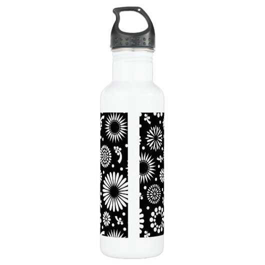 Boho bloemen Zwart en wit vector bloempatroon Waterfles (Achterkant)