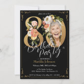 Boho Bloemen Zwart Goud Foto 80e Verjaardagsfeest Kaart (Voorkant)