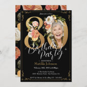 Boho Bloemen Zwart Goud Foto 80e Verjaardagsfeest Kaart (Voorkant / Achterkant)