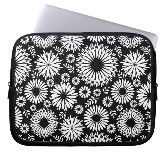 Boho bloemen Zwart-wit vector bloempatroon Laptop Sleeve (Voorkant)