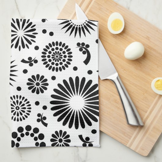 Boho bloemen Zwart-wit vector bloempatroon Theedoek (Quarter Fold)