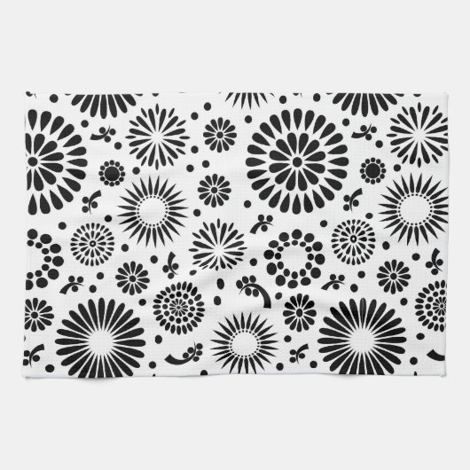 Boho bloemen Zwart-wit vector bloempatroon Theedoek (Horizontaal)