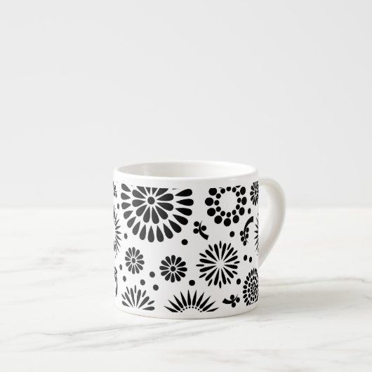 Boho bloemen Zwart-wit vectorbloempatroon Espresso Kop (Voorkant rechts)