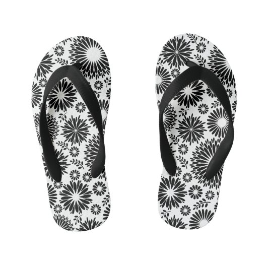 Boho bloemen Zwart-wit vectorbloempatroon Kinder Teenslippers (Voetbed)