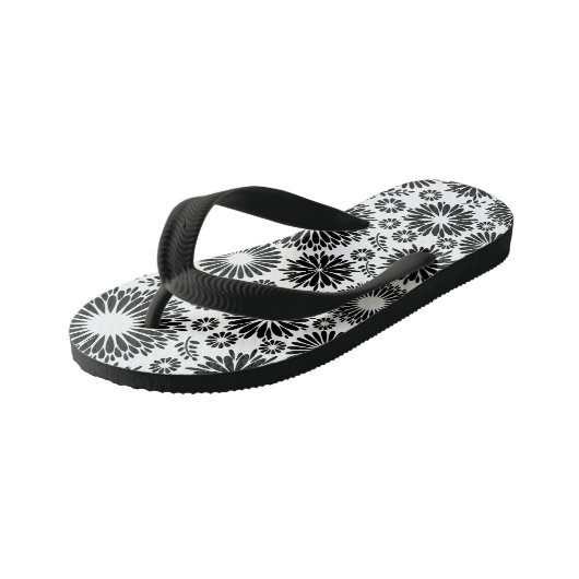 Boho bloemen Zwart-wit vectorbloempatroon Kinder Teenslippers (Schuin)