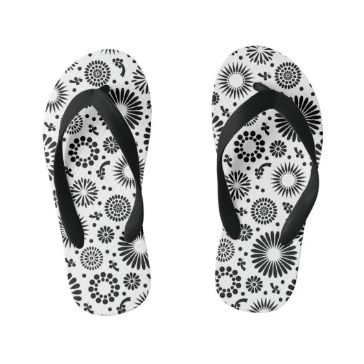 Boho bloemen Zwart-wit vectorbloempatroon Kinder Teenslippers (Voetbed)
