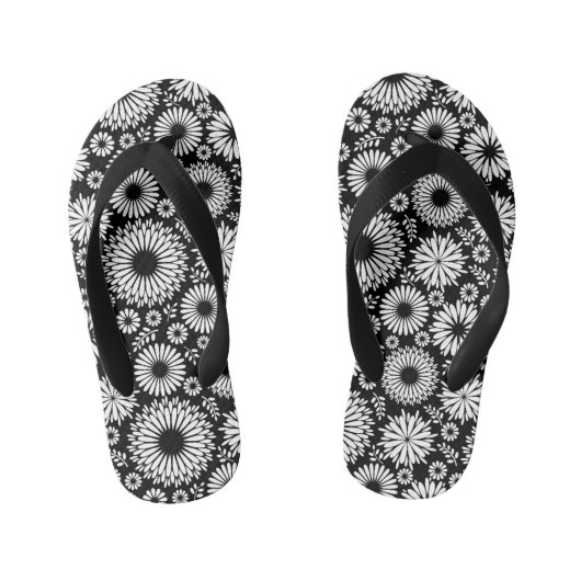 Boho bloemen Zwart-wit vectorbloempatroon Kinder Teenslippers (Voetbed)