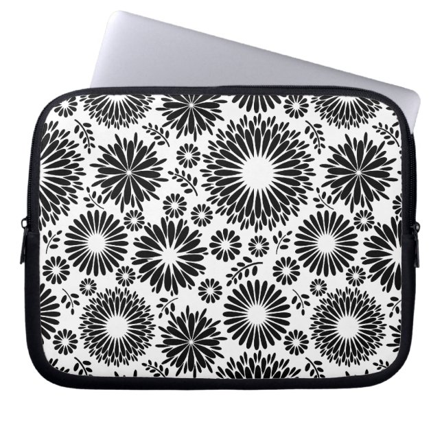 Boho bloemen Zwart-wit vectorbloempatroon Laptop Sleeve (Voorkant)