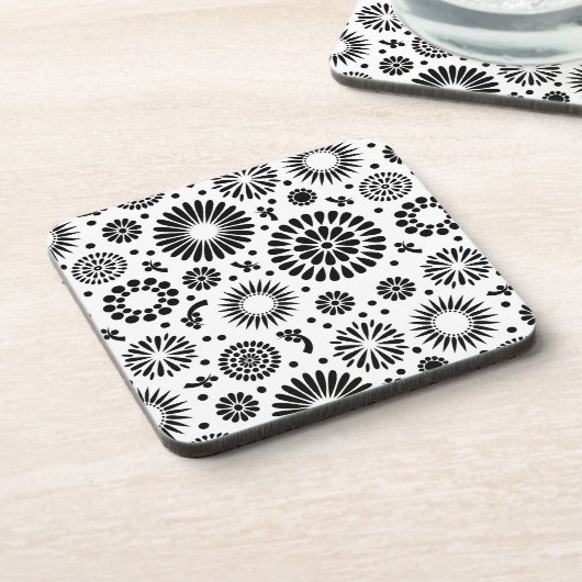 Boho bloemen Zwart-wit vectorbloempatroon Onderzetter (Linkerzijde)