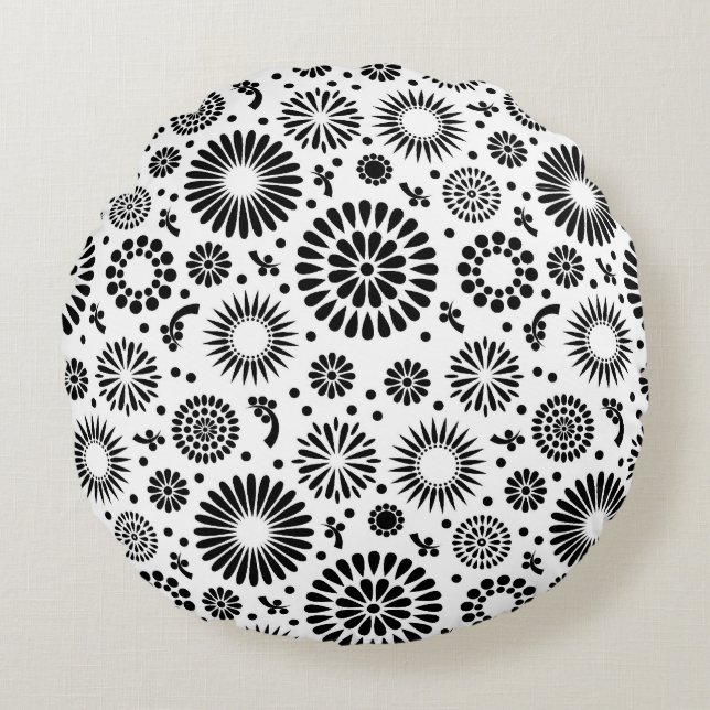 Boho bloemen Zwart-wit vectorbloempatroon Rond Kussen (Voorkant)