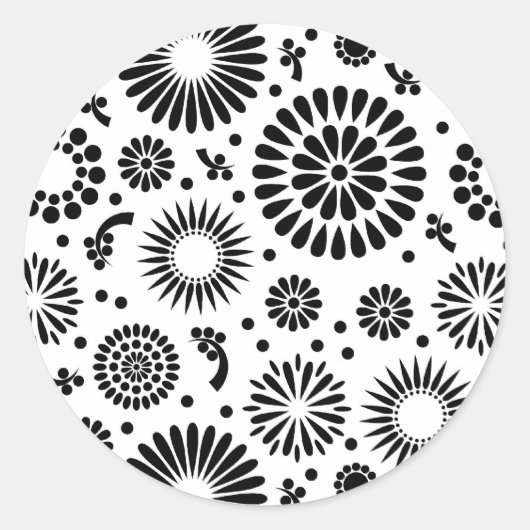 Boho bloemen Zwart-wit vectorbloempatroon Ronde Sticker (Voorkant)