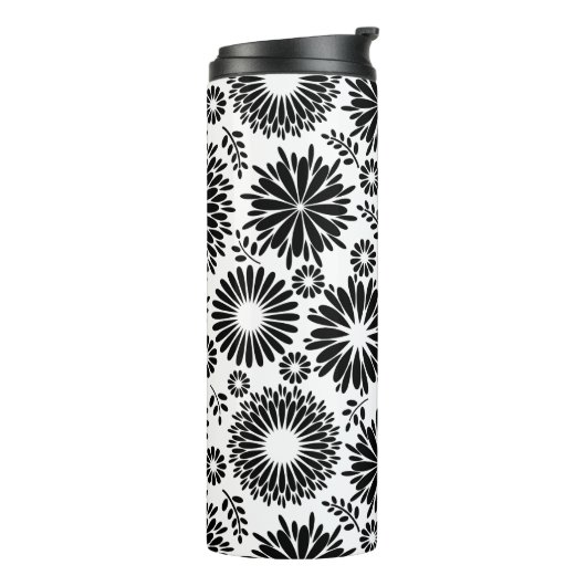 Boho bloemen Zwart-wit vectorbloempatroon Thermosbeker (Gedraaid links)