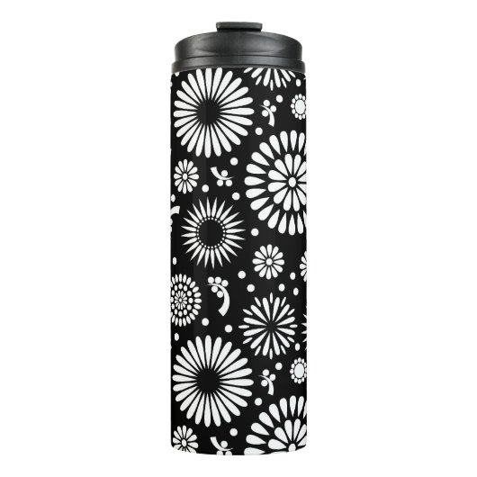 Boho bloemen Zwart-wit vectorbloempatroon Thermosbeker (Voorkant)