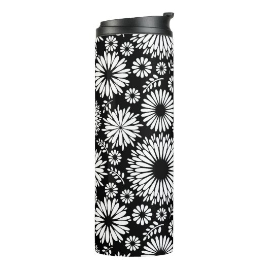Boho bloemen Zwart-wit vectorbloempatroon Thermosbeker (Gedraaid links)