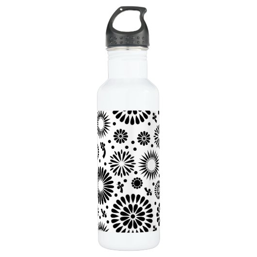 Boho bloemen Zwart-wit vectorbloempatroon Waterfles (Voorkant)