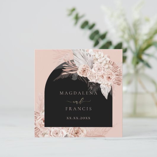 boho bloemen zwarte bruiloft kaart (Staand voorkant)