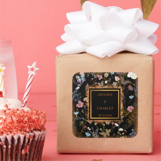 Boho Bloemen Zwarte Vlinder Tuin Trouwen Vierkante Sticker (Feest)