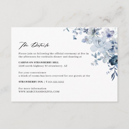 Boho Bloemenblauw Bruiloft Details Behuizing Kaart (Voorkant)