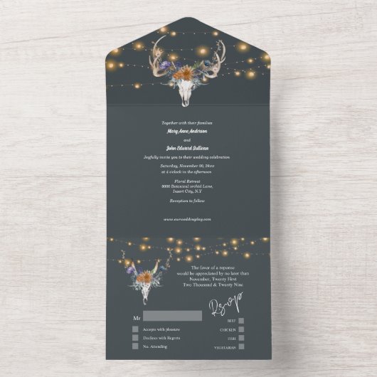 Boho bloemenblauw sinaasappel paarse snaarlampen c all in one uitnodiging (Binnen)