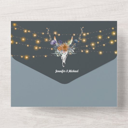 Boho bloemenblauw sinaasappel paarse snaarlampen c all in one uitnodiging (Achterkant)