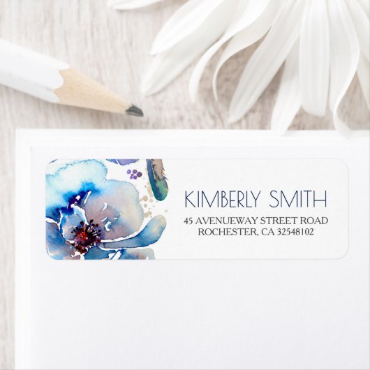 Boho Bloemenblauw Waterverf Elegant Bruiloft Etiket (Insitu)