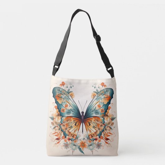 Boho bloemenbloesem vlinderweide Waterverf Crossbody Tas (Achterkant)