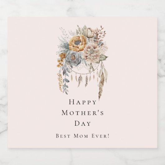 Boho Bloemenboeket en Dreamcatcher Moederdag Sparkling Wijnetiket (Enkel label)