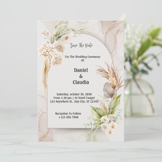 Boho Bloemenboog bruiloft uitnodiging (Staand voorkant)