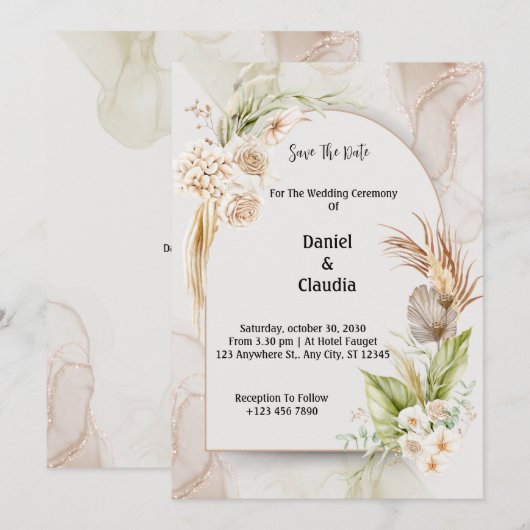 Boho Bloemenboog bruiloft uitnodiging (Voorkant / Achterkant)